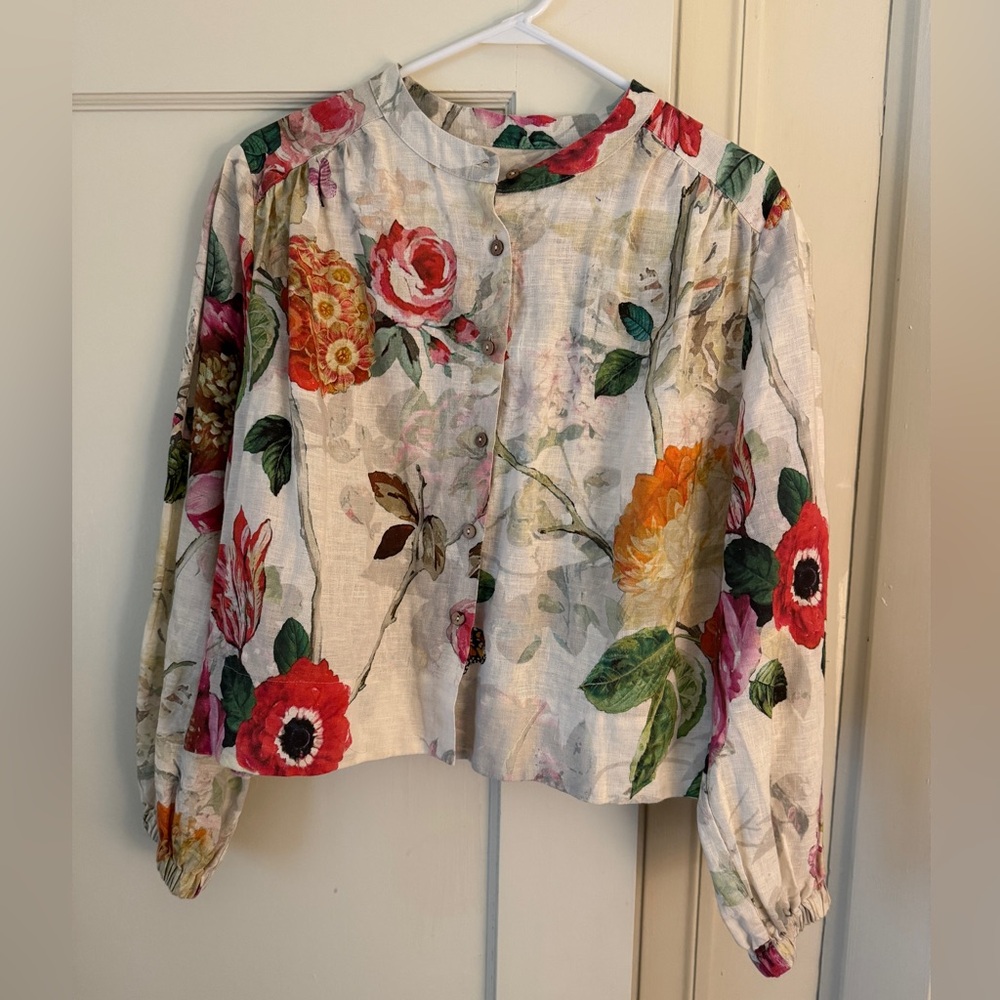 Yuvita Floral Linen Button-Up Blouse - Large